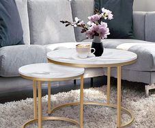 Round Coffee Tables, Removable Set of 2 End Table, Nesting Tables with Gold Metal Frame Legs and Marble White Top for Living Room, Bedroom, Office, Balcony, Apartment (FREE SHIPPING)