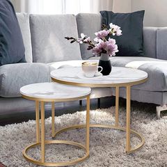 Round Coffee Tables, Removable Set of 2 End Table, Nesting Tables with Gold Metal Frame Legs and Marble White Top for Living Room, Bedroom, Office, Balcony, Apartment (FREE SHIPPING)