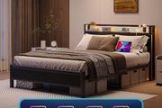 King Size Bed Frame with Storage,LED Lights,5ft Metal Bed Frame Kingsize Bed Frame with Charging Station,Mattress Foundation,Strong Steel Slats Support,Noise Free,Black