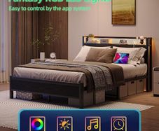 King Size Bed Frame with Storage,LED Lights,5ft Metal Bed Frame Kingsize Bed Frame with Charging Station,Mattress Foundation,Strong Steel Slats Support,Noise Free,Black