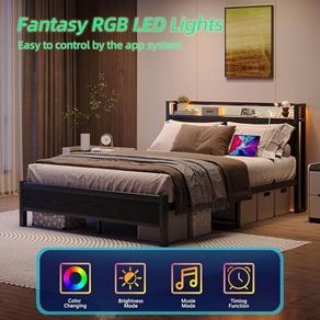 King Size Bed Frame with Storage,LED Lights,5ft Metal Bed Frame Kingsize Bed Frame with Charging Station,Mattress Foundation,Strong Steel Slats Support,Noise Free,Black