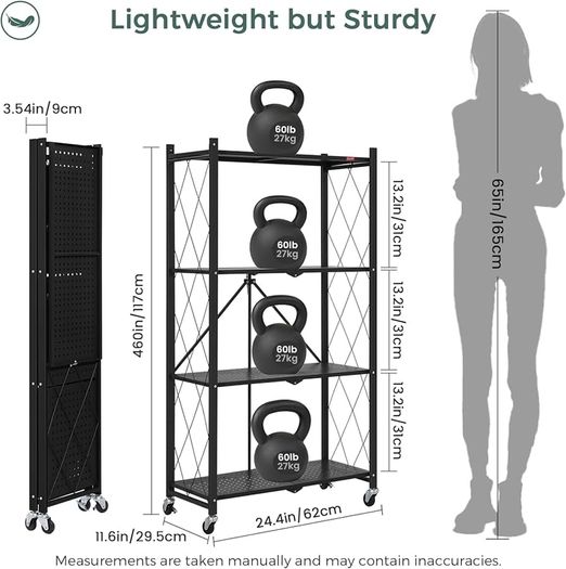 Folding Storage Shelves,4 Tiers Metal Shelving Units for Storage 61x116x28 CM, Corner Kitchen Shelves on Wheels,Pantry Shelves,Bookcase for Living room Black