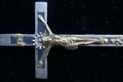 Antique pectoral cross crucifix ebony wood inlay - skull with crossbones