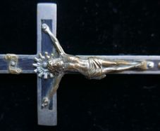 Antique pectoral cross crucifix ebony wood inlay - skull with crossbones