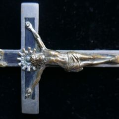 Antique pectoral cross crucifix ebony wood inlay - skull with crossbones