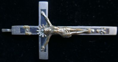 Antique pectoral cross crucifix ebony wood inlay - skull with crossbones
