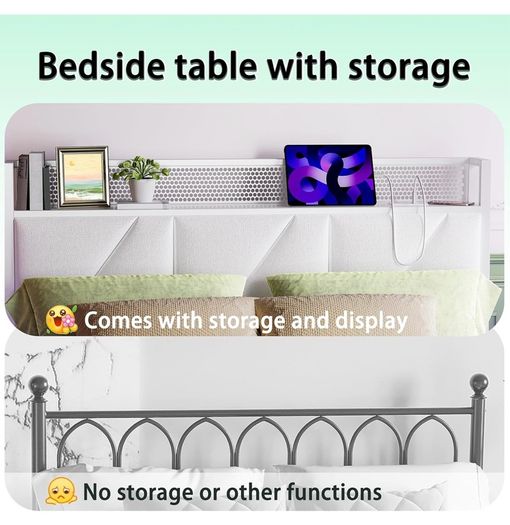 Floating Double Bed Frame with Upholstered Headboard Storage, White 135x190cm Metal Bed Frame with LED Lights & USB Charging Station, 4ft6 Platform Bed, Heavy Duty Metal Slats, Noise Free
