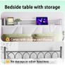 Floating Double Bed Frame with Upholstered Headboard Storage, White 135x190cm Metal Bed Frame with LED Lights & USB Charging Station, 4ft6 Platform Bed, Heavy Duty Metal Slats, Noise Free Image 4