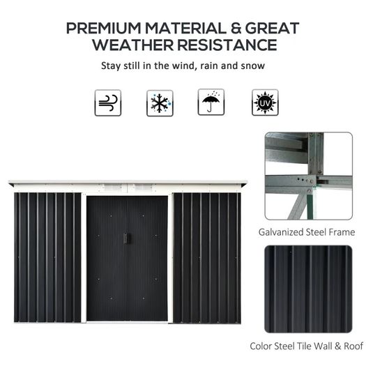 9ft x 4.25ft Corrugated Garden Metal Storage Shed Outdoor Equipment Tool Box with Foundation Ventilation & Doors Dark Grey FREE SHIPPING