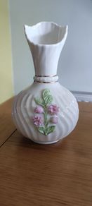 Vintage Belleek Ireland 7" Vase w/ Flowers & Leaves Accents