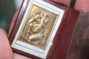 Vintage Religious catholic vermeil gold plated picture image plaque of Saint Christopher in original case