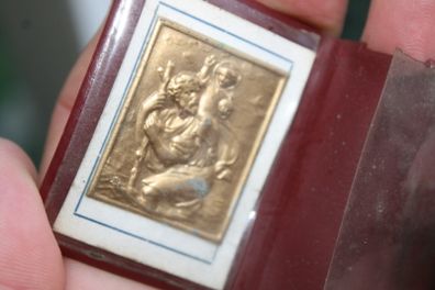Vintage Religious catholic vermeil gold plated picture image plaque of Saint Christopher in original case