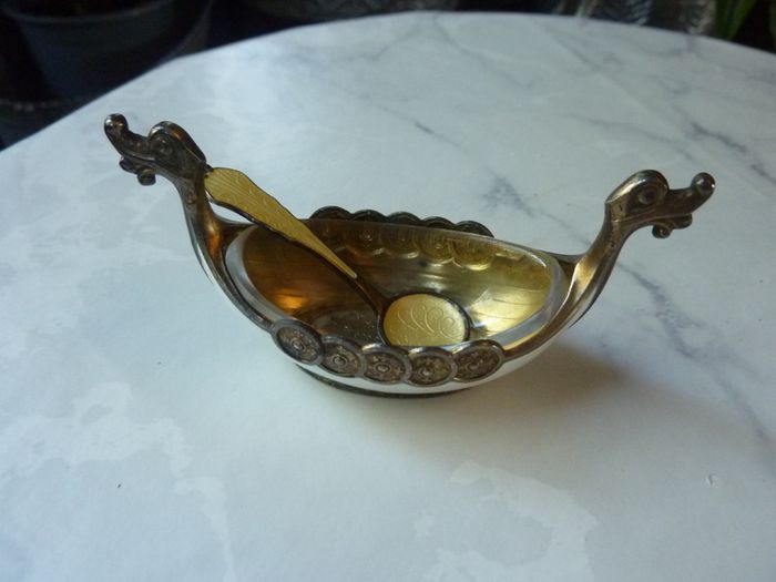 Theodor Olsens Eftf Norway Sterling Enamel Viking Ship Salt Cellar with NM Thune Enamelled Silver Spoon