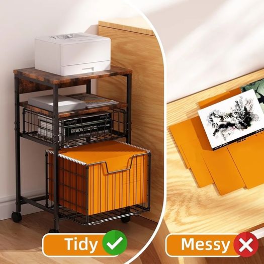 4-Tier Rolling File Cart | 2-Drawer Mobile Filing Cabinet & Printer Stand with Hanging Organizer - Dark Brown