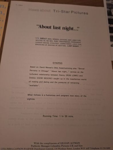 1986 About Last Night Press Kit
