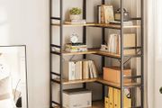5-Tier L-Shape Corner Bookcase, 145.5cm, Brown  Easy Assembly Open Shelves Anti-Tip Kit Freestanding Compact Vintage Display Storage Living Room Bedroom Home Office