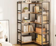 5-Tier L-Shape Corner Bookcase, 145.5cm, Brown  Easy Assembly Open Shelves Anti-Tip Kit Freestanding Compact Vintage Display Storage Living Room Bedroom Home Office