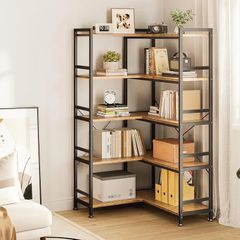 5-Tier L-Shape Corner Bookcase, 145.5cm, Brown  Easy Assembly Open Shelves Anti-Tip Kit Freestanding Compact Vintage Display Storage Living Room Bedroom Home Office