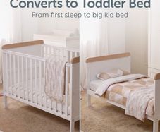 The Baby Elegance Haddington Cot Bed with Changing Unit is a versatile solid wood cot bed that converts into a toddler bed and includes a removable changing unit accessory.