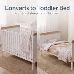 The Baby Elegance Haddington Cot Bed with Changing Unit is a versatile solid wood cot bed that converts into a toddler bed and includes a removable changing unit accessory.