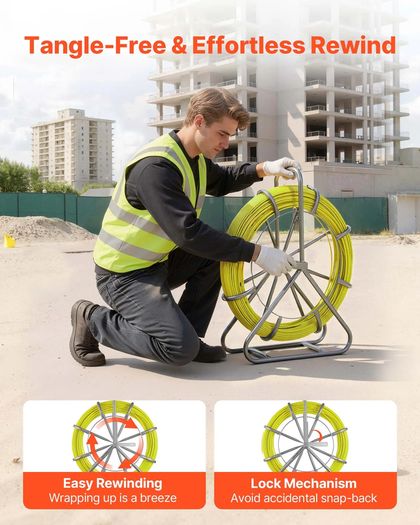 Fish Tape Fiberglass, 100M 6.3MM, Duct Rodder Fishtape Wire Puller with Stand, Cable Running Rod with Locking Mechanism, Fishing Tools, for Walls Floor and Electrical Conduit, Non-Conductive
