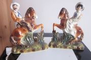Pair of Staffordshire Figures Cowboy Cowgirl Horseback 19th Century
