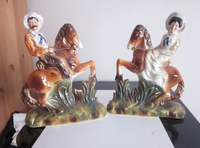 Pair of Staffordshire Figures Cowboy Cowgirl Horseback 19th Century