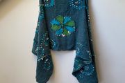 Giardino D'Oriente 100% Wool Scarf Wrap Teal Blue &amp; Green Floral Boho Shawl, Wearable Art