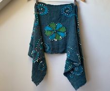 Giardino D'Oriente 100% Wool Scarf Wrap Teal Blue & Green Floral Boho Shawl, Wearable Art