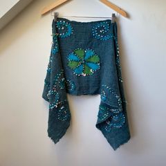 Giardino D'Oriente 100% Wool Scarf Wrap Teal Blue & Green Floral Boho Shawl, Wearable Art