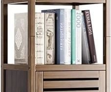 Bathroom Storage Cabinet Bamboo, Tall Narrow Space Saver Organizer Floor Standing for Kitchen, 4 Open Shelves and 1 Cupboard with Door, Walnut