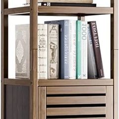 Bathroom Storage Cabinet Bamboo, Tall Narrow Space Saver Organizer Floor Standing for Kitchen, 4 Open Shelves and 1 Cupboard with Door, Walnut