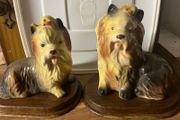 2 Ceramic Yorkies  Dogs On Wooden Bases