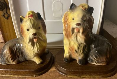 2 Ceramic Yorkies  Dogs On Wooden Bases