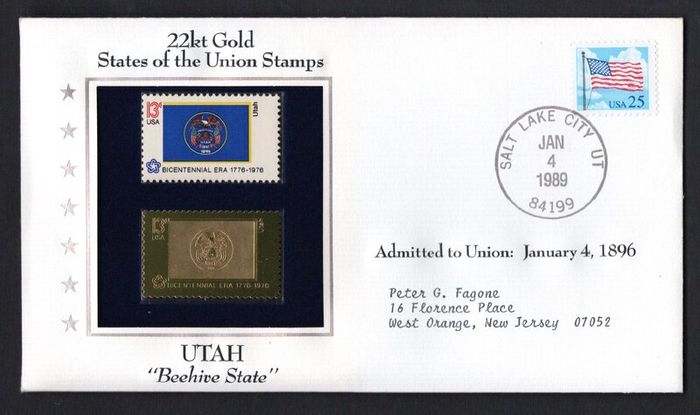 1988 USA Utah "Beehive State" 22kt Gold Replica of the 1976 United States Flag Stamps showing 25c US flag definitive tied salt Lake City, Utah (state capital) illustrated cover