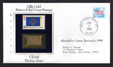 1988 USA Utah "Beehive State" 22kt Gold Replica of the 1976 United States Flag Stamps showing 25c US flag definitive tied salt Lake City, Utah (state capital) illustrated cover