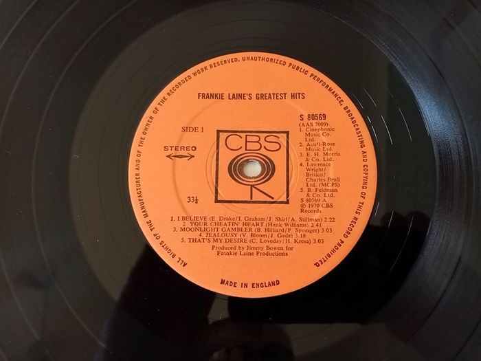Frankie Laine's Greatest Hits. 1974 Uk Pressing. Cbs Records. Lp Vinyl Record Album.