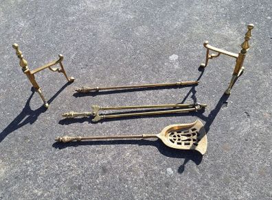 Vintage brass fire dogs and heavy companion set