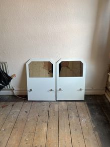 Two original, Art Deco period wall mounted basin splashback with mirror and bathroom fixtures