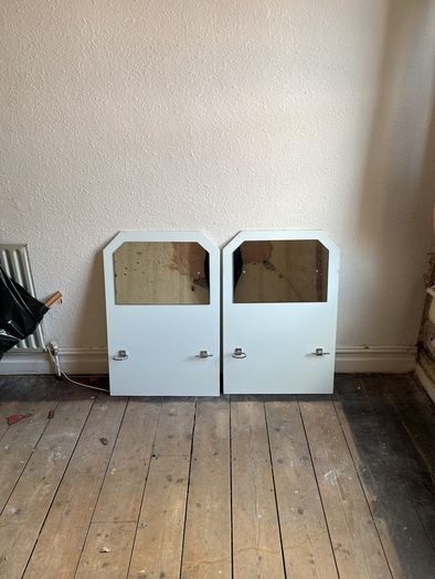 Two original, Art Deco period wall mounted basin splashback with mirror and bathroom fixtures