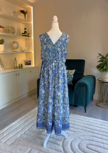 Ladies Cornflower Blue Paisley Printed Lace insert Midi Dress from Jessica Graaf