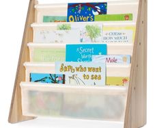 4 Tier Children Bookcase, Magazine and Book Storage Rack, Wooden Sling Book Organizer, Book Shelf for Kids Room, Bedroom, Nursery, Playroom Natural
