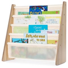 4 Tier Children Bookcase, Magazine and Book Storage Rack, Wooden Sling Book Organizer, Book Shelf for Kids Room, Bedroom, Nursery, Playroom Natural