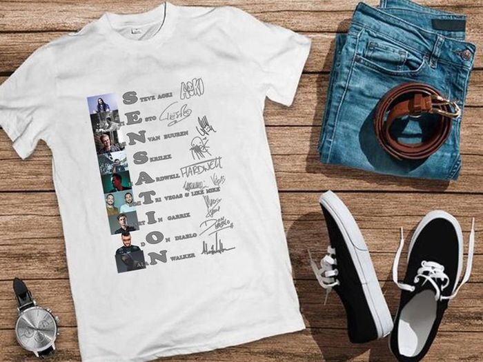 White sensation t-shirt with dj signatures autographs t-shirt tiesto hardwell armin van buuren skrillex dimitri vegas and like mike t-shirt