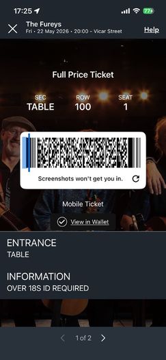 2 Tickets Fureys Vicar St tonight