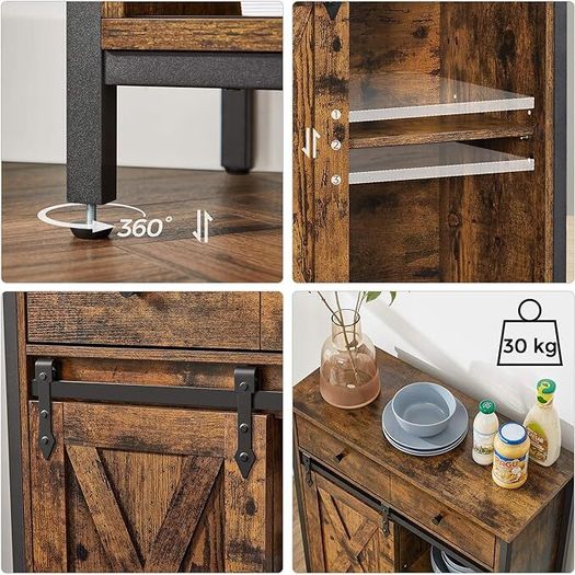 Cabinet with Sliding Door Storage Cabinet, Kitchen Cupboard with Sliding Door, Open Compartment, Adjustable Shelf, Industrial, for Hallway, Living Room, Kitchen, Study, Vintage Brown-Black,