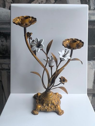 Antique 1930s French Botanical Gilt Metal & Porcelain Candelabra
