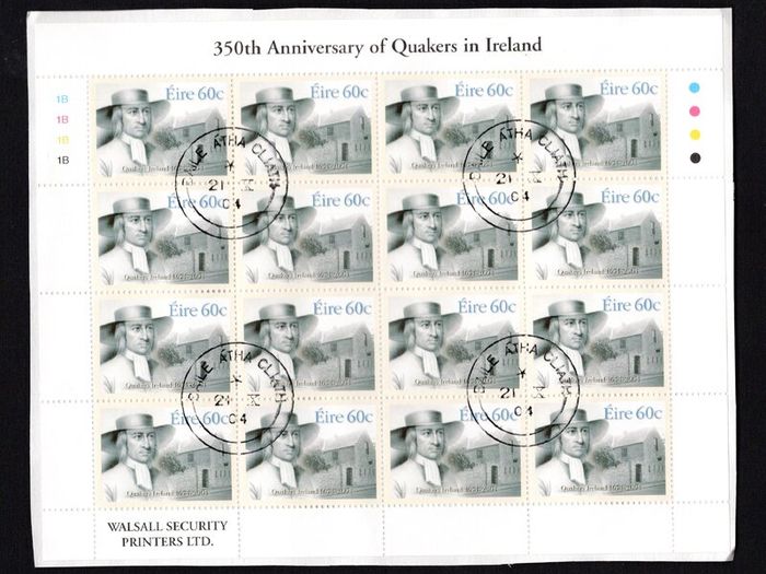 2004 Ireland 350th Anniversary of Quakers in Ireland Stamp Sheetlet Plate 1B1B1B1B Fine CDS Used with Dublin cancel of 19th September 2004 (First day of issued) on envelope extract.
