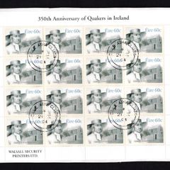 2004 Ireland 350th Anniversary of Quakers in Ireland Stamp Sheetlet Plate 1B1B1B1B Fine CDS Used with Dublin cancel of 19th September 2004 (First day of issued) on envelope extract.