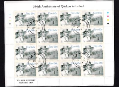 2004 Ireland 350th Anniversary of Quakers in Ireland Stamp Sheetlet Plate 1B1B1B1B Fine CDS Used with Dublin cancel of 19th September 2004 (First day of issued) on envelope extract.